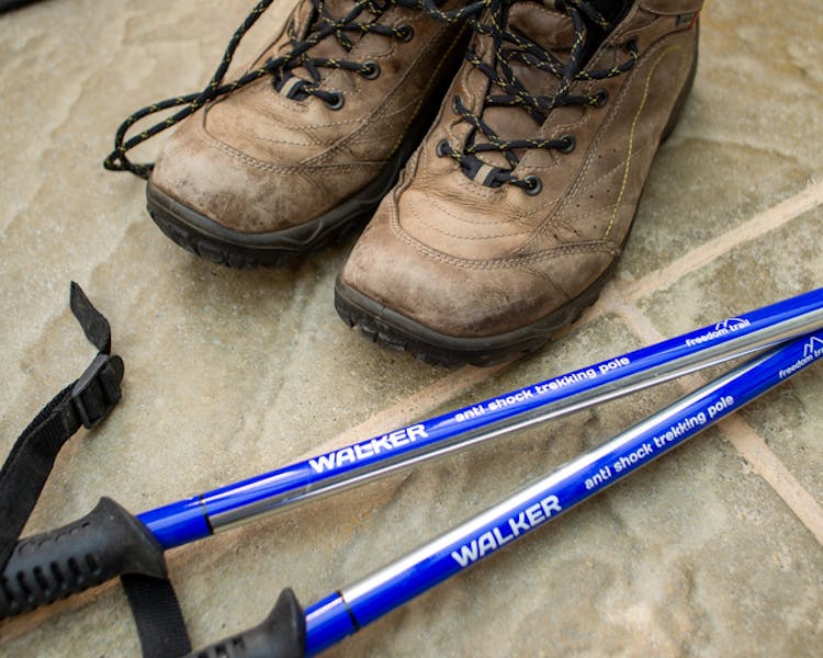 Walking boots and stick in the Old Schoolhouse Bed and Breakfast in Haltwhistle, Northumberland