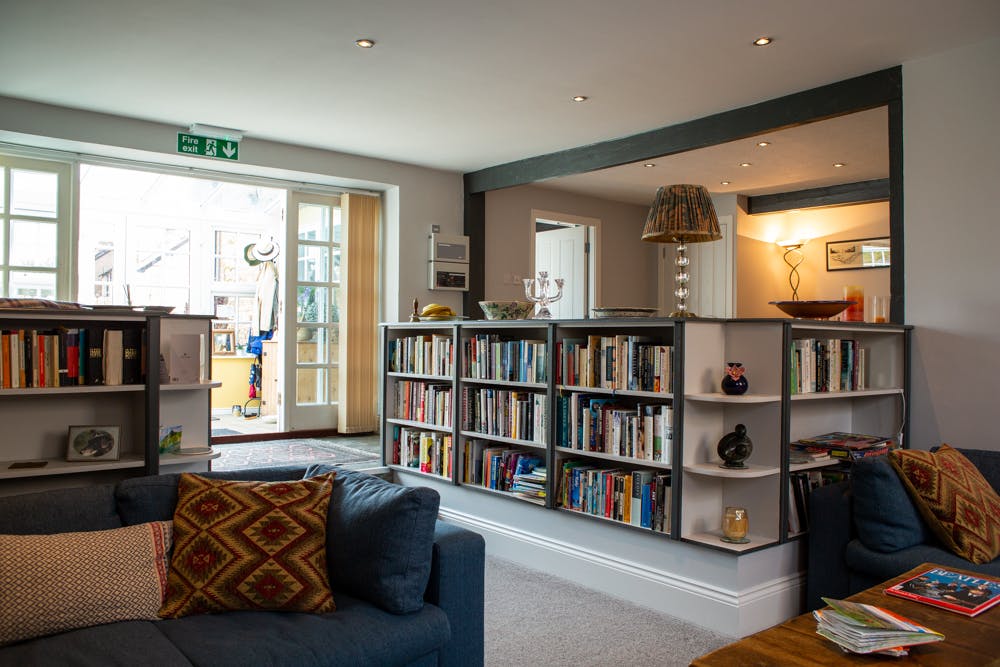 Lounge and bookshelves in the Old Schoolhouse Bed and Breakfast in Haltwhistle, Northumberland