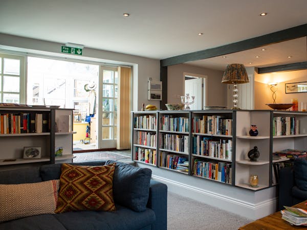 Lounge and bookshelves in the Old Schoolhouse Bed and Breakfast in Haltwhistle, Northumberland